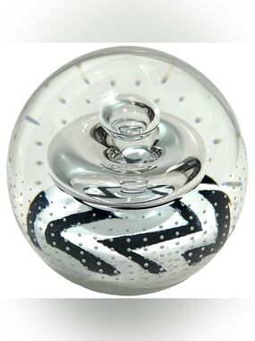 Vintage 1990s Signed Caithness Scotland Glass Paperweight Space Station Zebra